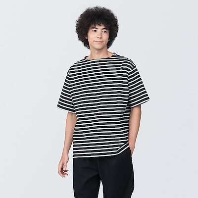 [무인양품]  남성 워싱 태번수 보트넥 5부소매 티셔츠 (오버핏 반팔)